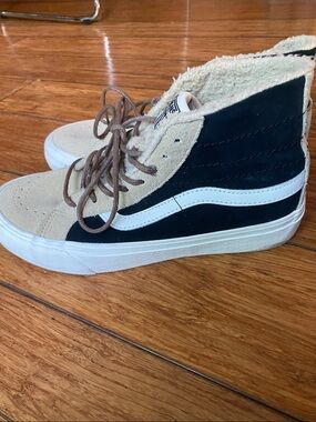 Vans High-Top Sneakers in Black and Beige with White Stripe Women’s 9 Men’s 7.5
